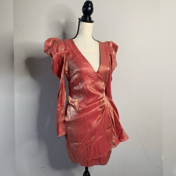 Elliatt Metallic Copper Gold Puff Shoulder Long Sleeve Wrap Mini Dress - Picture 3 of 13